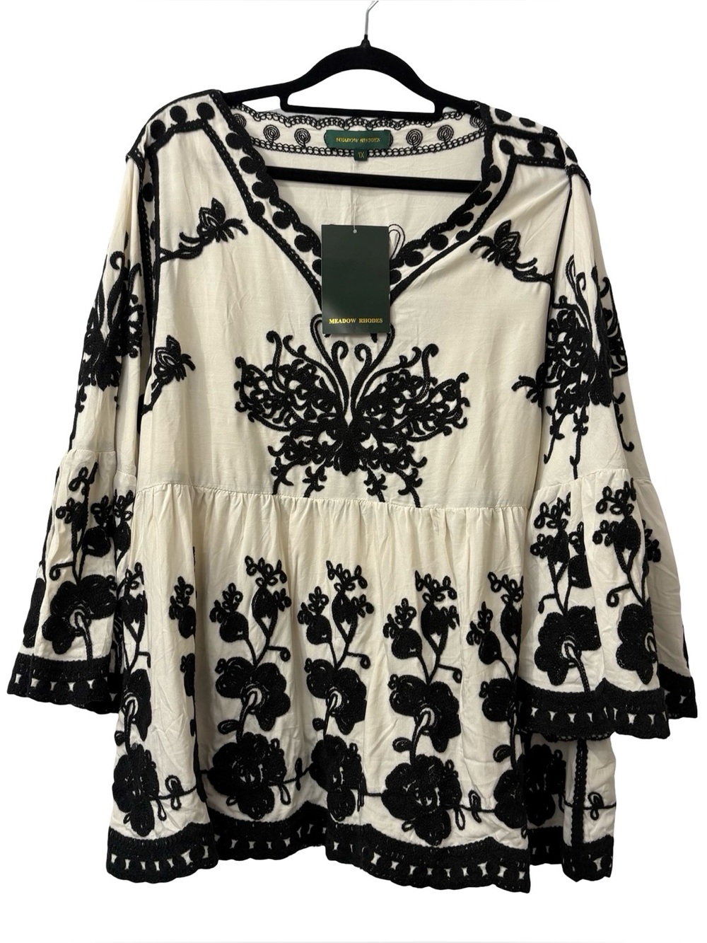 New Meadow Rhodes Ivory boho babydoll blouse floral embroidery flared sleeves 1X